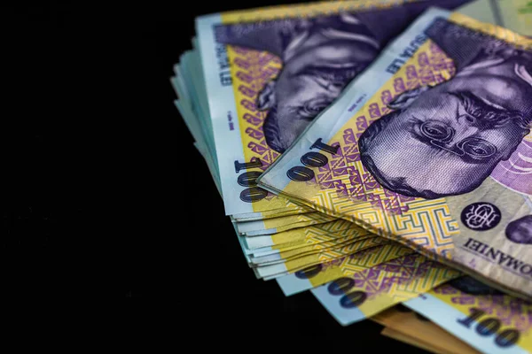 Closeup Lei Banknotes Isolated Black Background Romanian Money — Stock Photo, Image