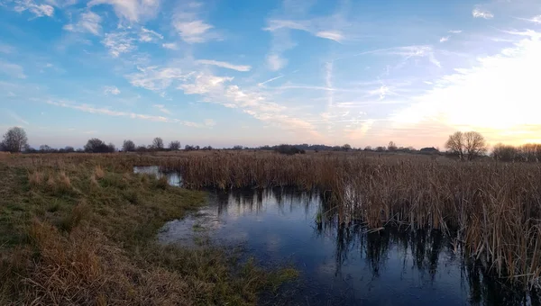 湖のある畑の上に美しい夕日の空 — ストック写真
