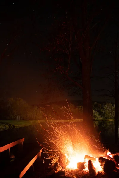 夜の池に対する暖炉の垂直ショット — ストック写真