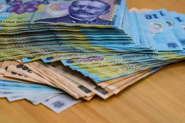 Zbliżenie Banknotów Lei Stole Środki Rumuńskie — Zdjęcie stockowe