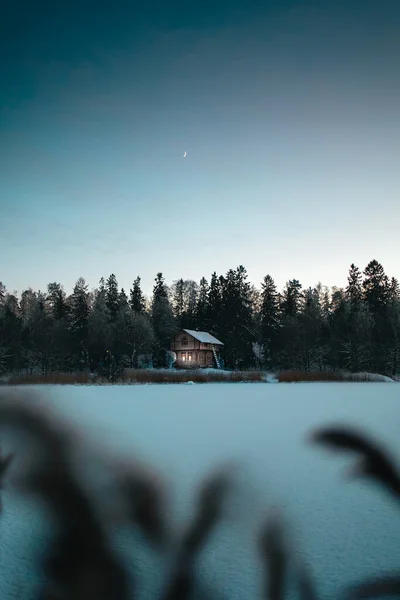 Een Verticaal Schot Van Een Huis Met Lichten Aan Ramen — Stockfoto