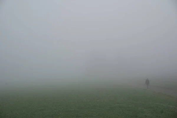 A photo of a meadow covered with dense fog, and a person comes out of the dense fog