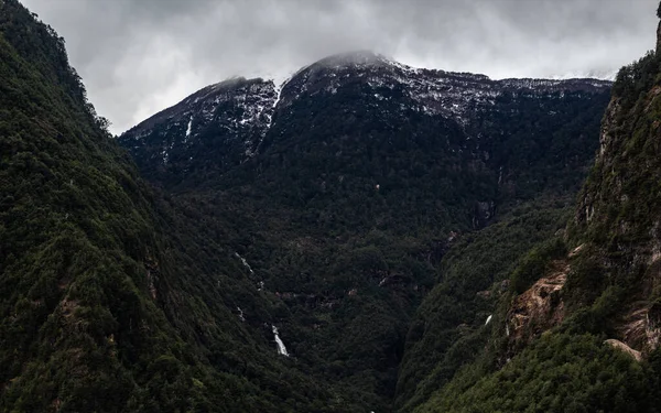 Uma Foto Montanhas Floresta Com Nevoeiro Céu Nublado — Fotografia de Stock