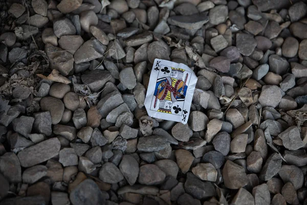 A top view of a king of clubs card on a pile of rocks