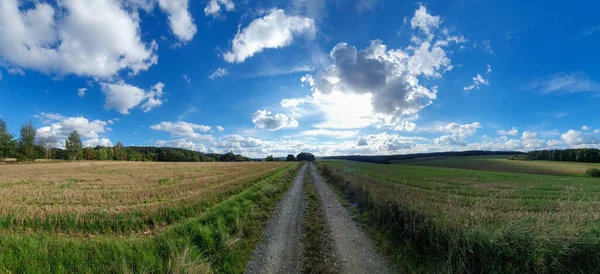 晴れた日には道路のある畑の美しい景色 — ストック写真