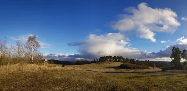 Панорамний Вид Поле Сушеної Трави Під Хмарним Небом — стокове фото