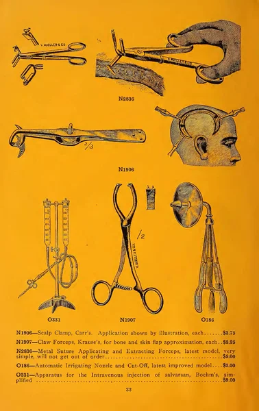 Eine Gelbe Seite Aus Einem Medizinischen Katalog Des Jahrhunderts — Stockfoto