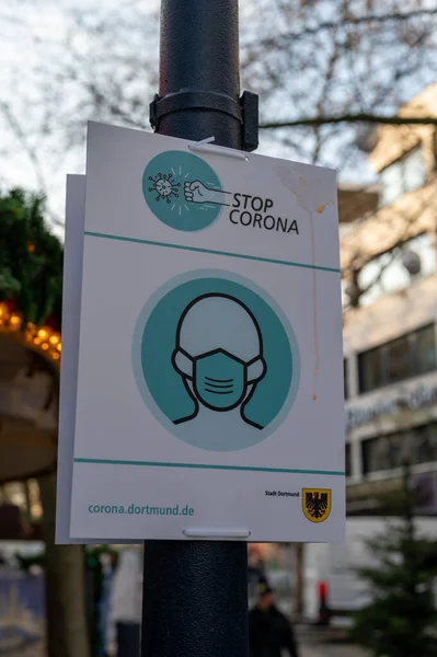 Vertical Closeup Stop Corona Sign Christmas Market Dortmund — Stock Photo, Image