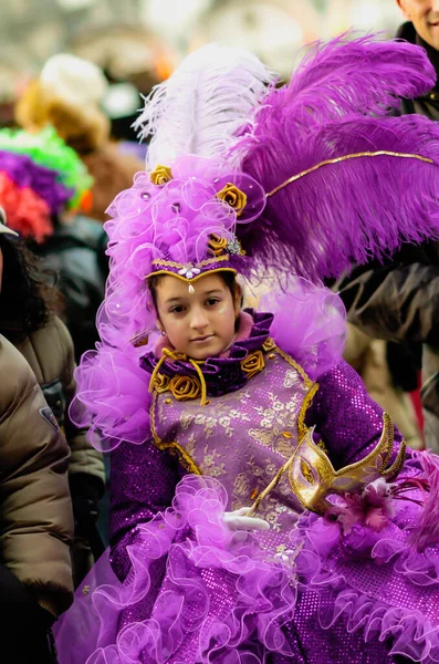 Adorable Child Creative Unique Colorful Costume Carnival Venice Italy — Stock Photo, Image