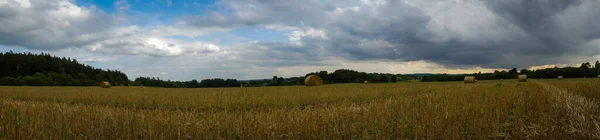 Een Panoramisch Shot Van Een Agrarisch Veld Onder Een Heldere — Stockfoto
