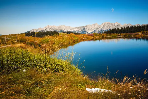 Una Splendida Vista Lago Con Campo Sotto Cielo Blu — Foto Stock