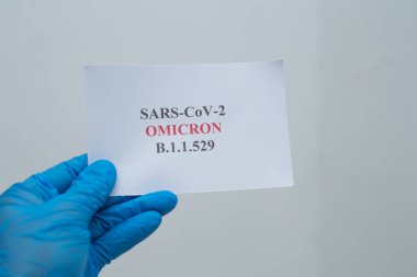 Lateks eldiven takan ve elinde Sars-Cov omicron varyantı olan birinin yakın çekimi.