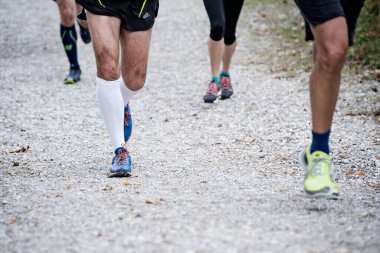 Spor ayakkabıları ve koşu şortlarıyla yarış pistinde koşan insanların bacaklarının yakın çekimi.
