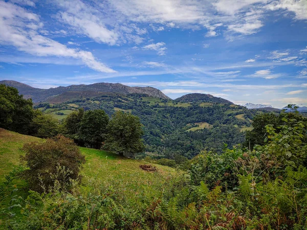 Una Hermosa Vista Montaña Sueve Pico Pienzu Cubiertos Vegetación Asturias — Foto de Stock