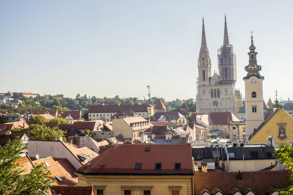 The cityscape of Zagreb with towers of the Cathedral of the Assumption of Mary