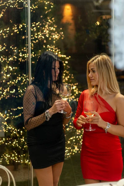 在圣诞树旁 两个身穿白种人和拉美裔女人酒杯的女人合影垂直拍 — 图库照片