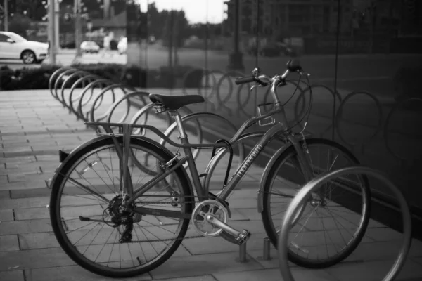 Vélo Solitaire Garé Dans Rue Noir Blanc — Photo