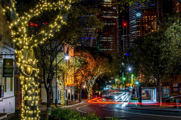 Night View Urban Light Trails Night Sydney Australia Christmas Decorations — Stock Photo, Image