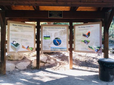 İz üzerinde bir yazı olan bilgi panosu. Bend, Oregon, ABD.