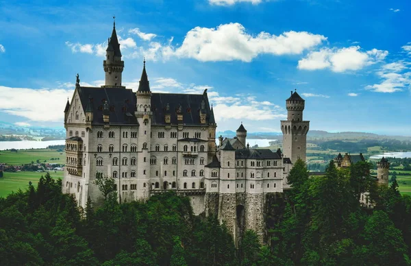 Luchtfoto Van Het Historische Kasteel Neuschwanstein Een Ruige Heuvel Het — Stockfoto