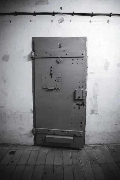 Eski Beyaz Duvardaki Çelik Kapının Dikey Gri Tonlu Görüntüsü — Stok fotoğraf