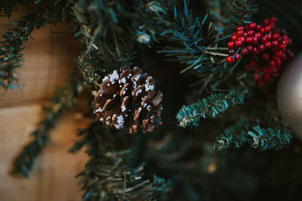 A closeup shot of the details of the decorative Christmas tree