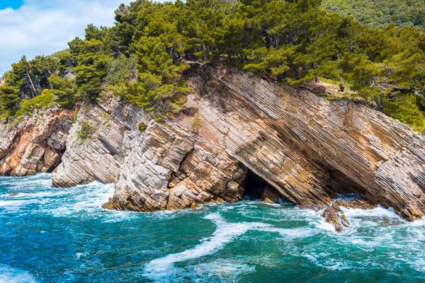 Vista Aérea Das Ondas Água Azul Turquesa Mar Adriático Budva — Fotografia de Stock