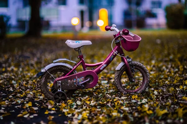 Gros Plan Une Bicyclette Rose Pour Enfants Garée Sur Les — Photo