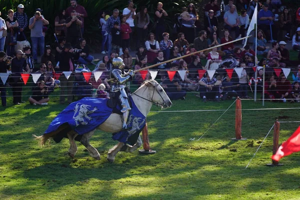 中世の騎士の鎧を着た人がブラックタウン中世フェアで青い装飾服で白い馬に乗って — ストック写真