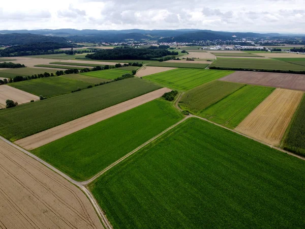 Eine Luftaufnahme Der Grünen Abgetrennten Und Abgeschnittenen Landwirtschaftlichen Felder Gegen — Stockfoto