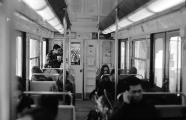 Grayscale Shot People Train Wagon Paris France — Stock Photo, Image