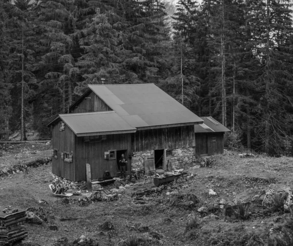 Grayscale Shot Old Barn Upper Savoy France — Stock Photo, Image