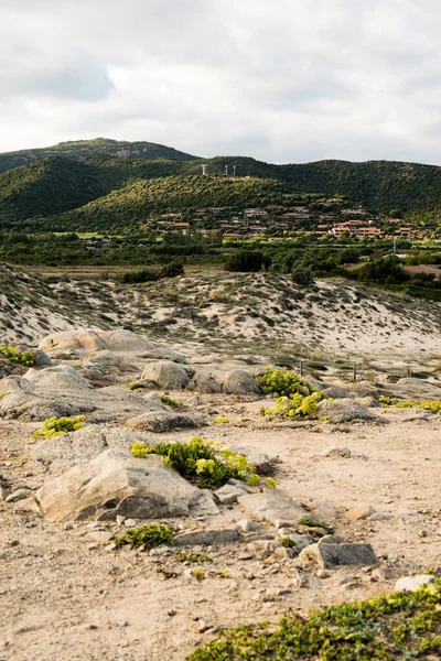 Vertical Shot Rocky Chia Beach Background Greenery Hills Sardinia — Stock Photo, Image