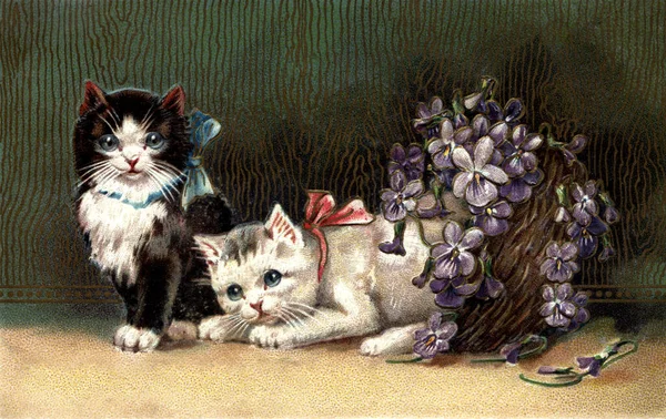 Illustrazione Due Simpatici Gatti Con Fiocchi Vicino Mazzo Fiori Viola — Foto Stock