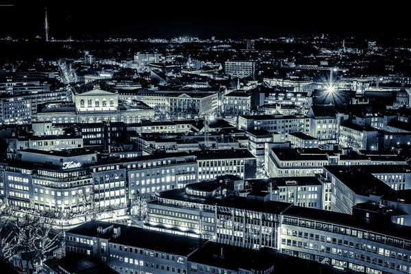Grayscale Shot Hanover Cityscape Night Lights — Stock Photo, Image