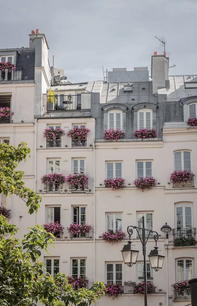 Uma Vista Belo Edifício Branco Com Flores Vasos Sob Janelas — Fotografia de Stock