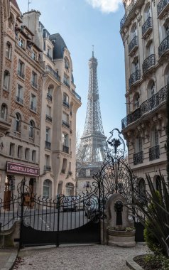 Paris, Fransa 'daki küçük bir parktan Eyfel Kulesi' nin dikey görüntüsü