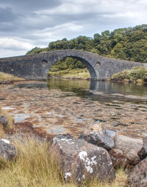 Mull Coast 'taki İskoçya adası ve taş bir köprüyle gölün dikey görüntüsü.