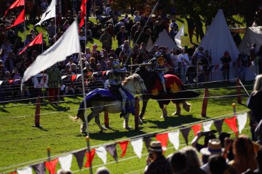 Avustralya 'daki Blacktown Ortaçağ Fayre' de mızrak dövüşü yapan bir adam.