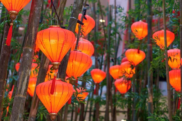 Közelkép Mesterséges Bambusz Levelek Piros Lámpák Kínai Újév Dekoráció — Stock Fotó