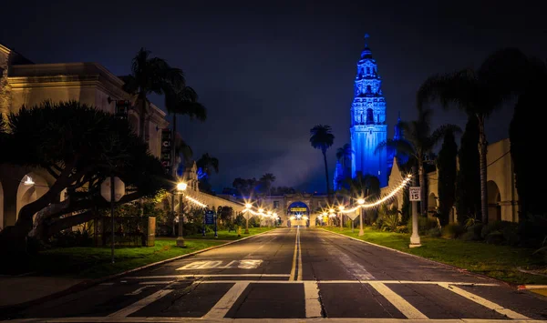 Beautiful View Balboa Park San Diego Surrounded Palm Trees Nighttime — Stock Photo, Image