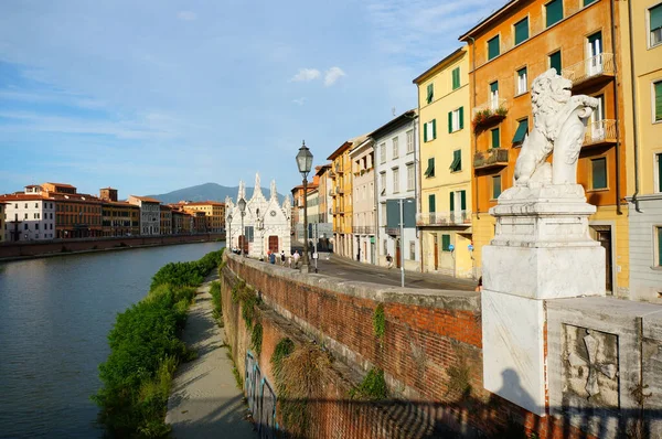 Rij Kleurrijke Gebouwen Santa Maria Kerk Aan Rivier Arno Pisa — Stockfoto