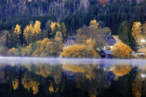 Uma Vista Paisagem Lago Cercado Por Florestas Coloridas Outono Áustria — Fotografia de Stock