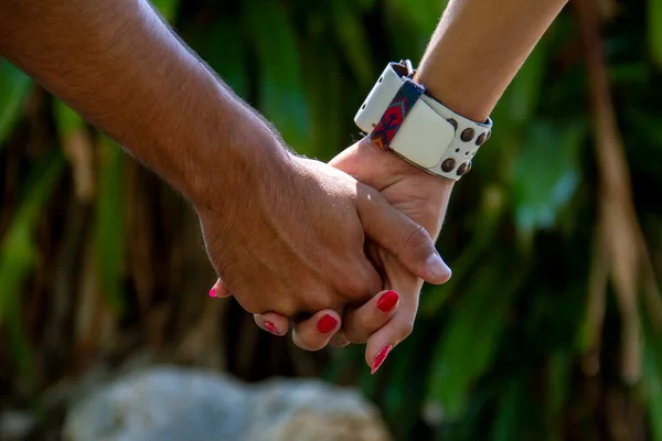 Närbild Bild Bild Det Unga Paret Hålla Händerna Mot Grön — Stockfoto