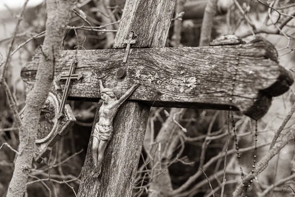 Detailní Záběr Dřevěný Náhrobek Stupních Šedi Křížovými Cetkami — Stock fotografie