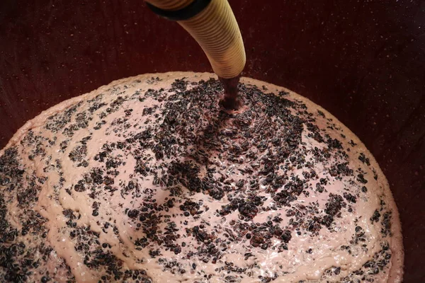 Closeup Cabernet Sauvignon Wine Grapes Getting Added Fermentation Tank — Stock Photo, Image