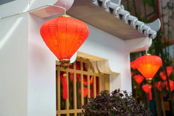 Közelkép Piros Lámpákról Kínai Újévi Dekorációhoz — Stock Fotó