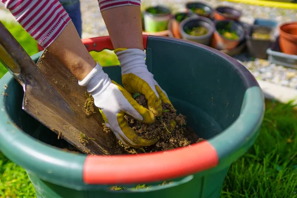 Closeup Shot Gloved Female Hands Holding Soil — Stock Photo, Image