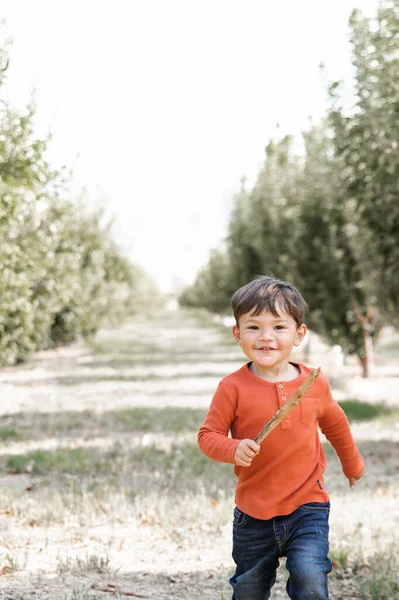 晴れた日に草の上でネバダ州の果樹園を走っているかわいい笑顔の白人の子供 — ストック写真