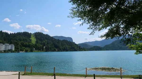 Une Vue Naturelle Sur Lac Bled Slovénie Les Montagnes Environnantes — Photo